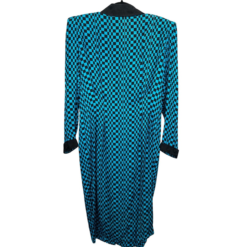 Adrianna Papell 80s 90s Silk Checkerboard Dress Teal Black Bow Vintage Size 14 - Picture 7 of 8